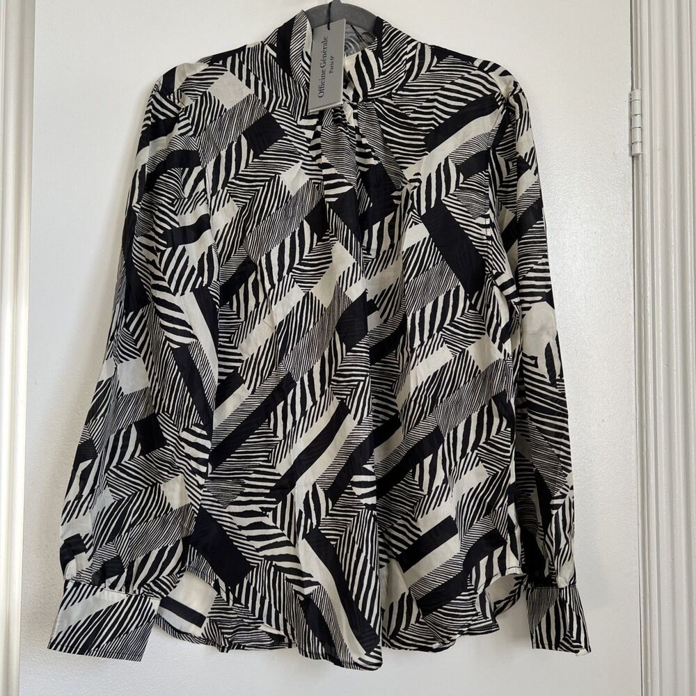 Officine Generale Sz XL Gabrielle Black White Top Geom Blouse Long Sleeve💖NWT